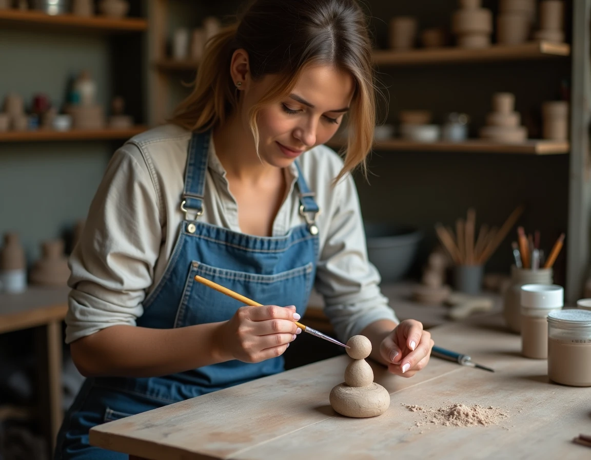 Femme peignant une figurine en argile autodurcissante séchée avec un pinceau fin et de la peinture acrylique dans un atelier artisanal