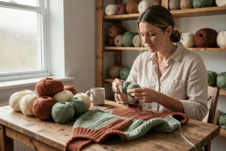 Femme comptant des pelotes de laine pour tricoter un pull taille 44 à la maison