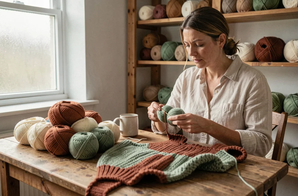 Femme comptant des pelotes de laine pour tricoter un pull taille 44 à la maison