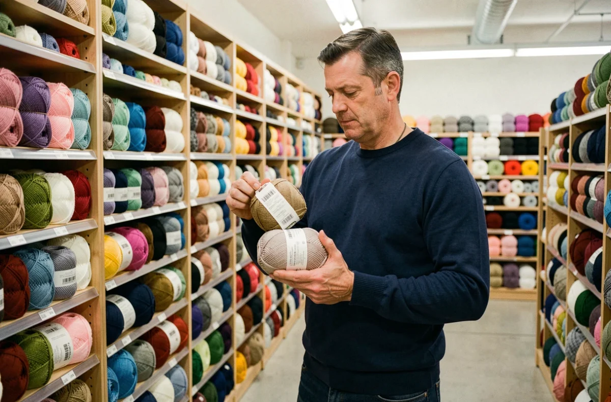 Homme en magasin de laine évaluant la quantité de pelotes nécessaires pour un pull taille 44