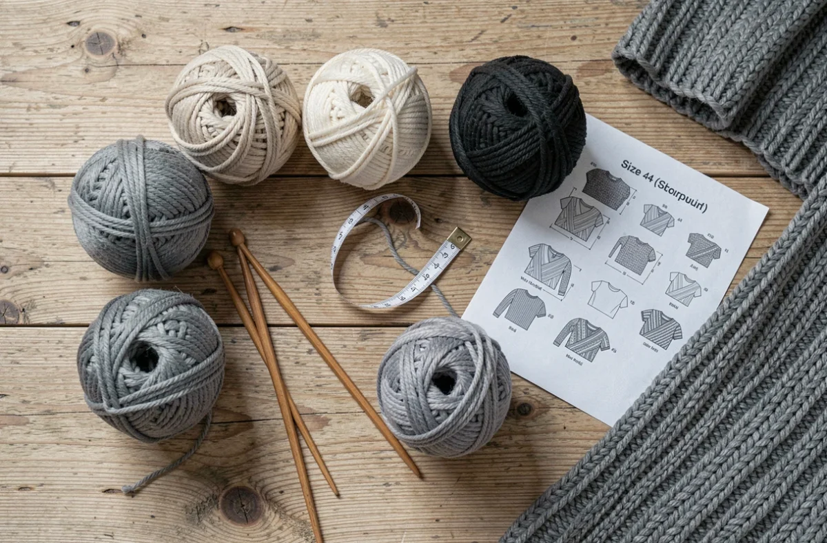 Vue de dessus de pelotes de laine et matériel de tricot pour réaliser un pull taille 44