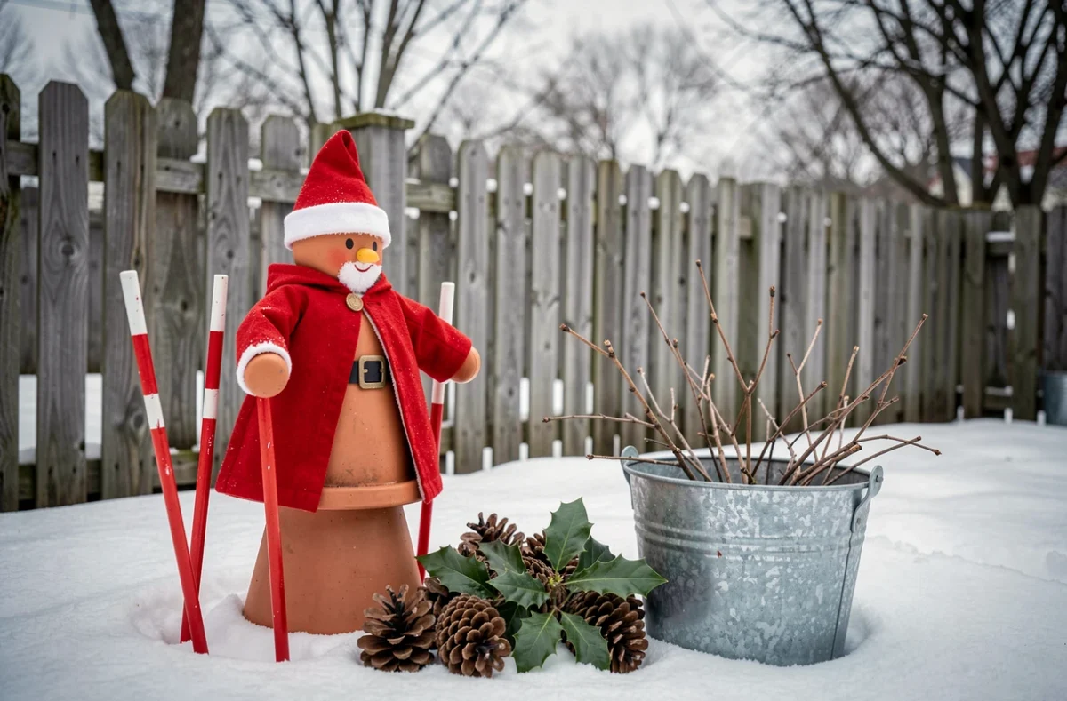 Père Noël décoratif fait maison en pots de terracotta et tissu rouge dans un jardin hivernal avec clôture en bois