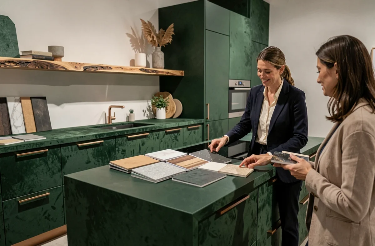 Cuisine haut de gamme Perene à Brive-la-Gaillarde en laqué vert forêt et cuivre brossé