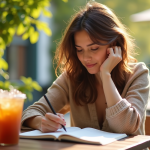 Personne assise en terrasse en été écrivant dans un journal