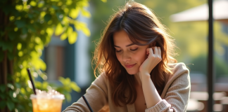 Personne assise en terrasse en été écrivant dans un journal