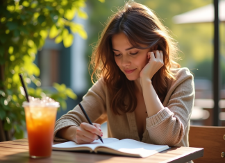 Personne assise en terrasse en été écrivant dans un journal