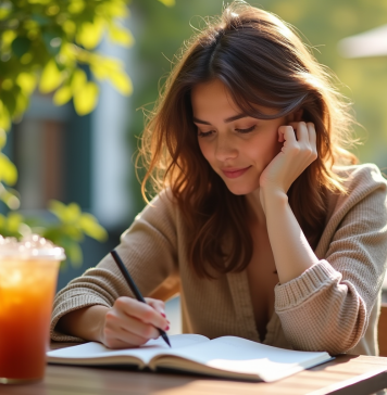 Personne assise en terrasse en été écrivant dans un journal