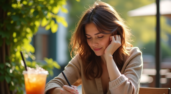 Personne assise en terrasse en été écrivant dans un journal