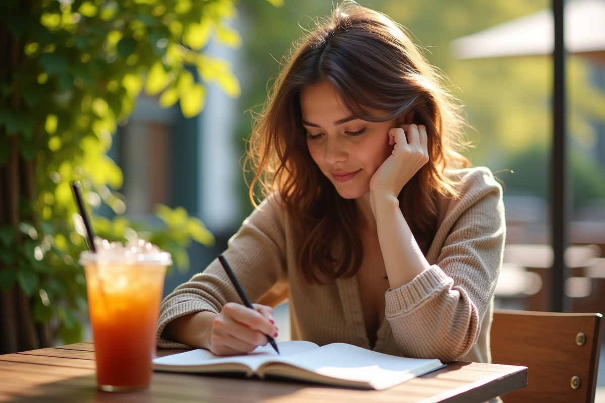 Personne assise en terrasse en été écrivant dans un journal