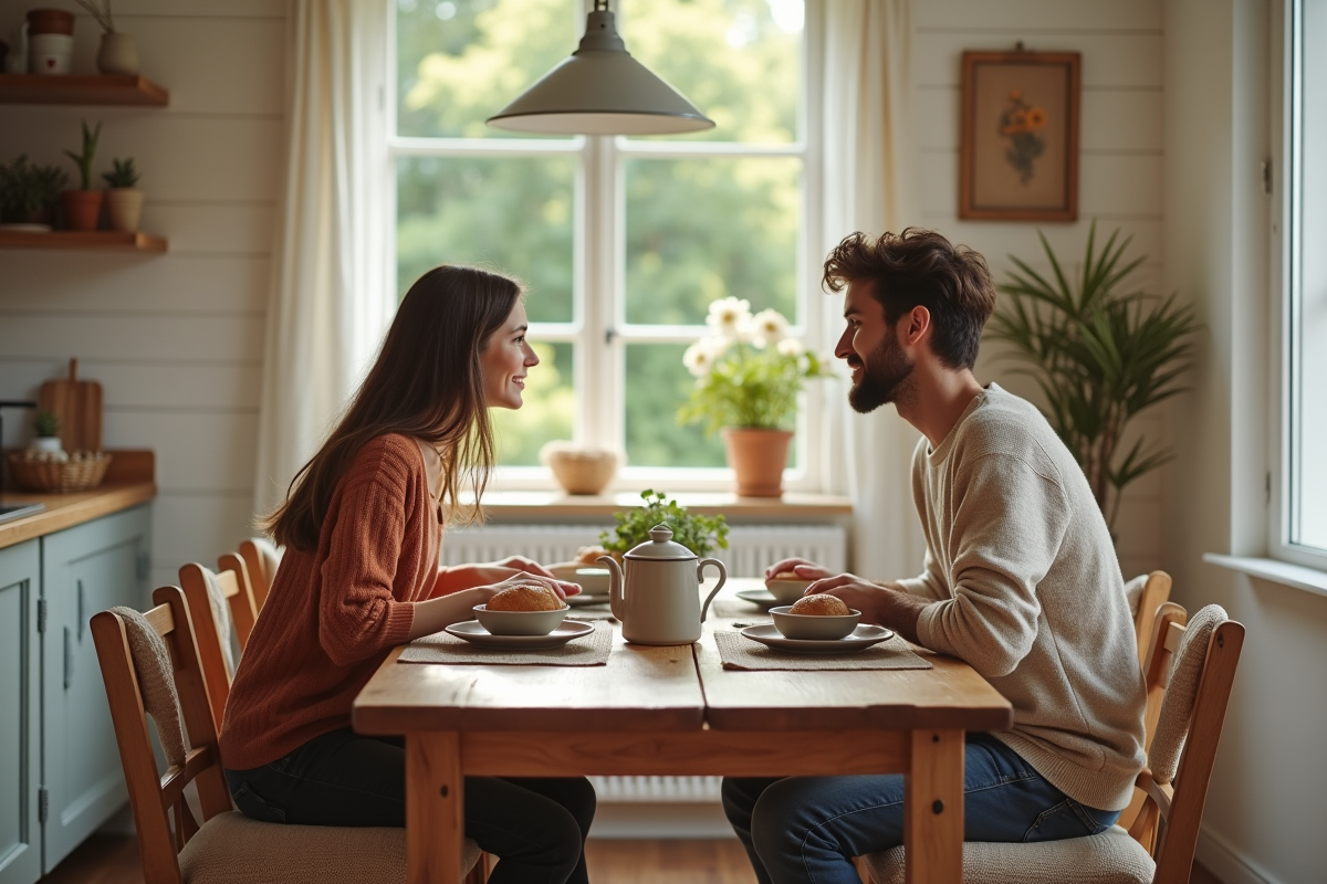 Couple dégustant un petit déjeuner dans une cuisine de cottage lumineuse
