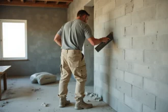 Plâtrier professionnel appliquant un enduit lisse sur un mur en parpaing intérieur lors d'une rénovation