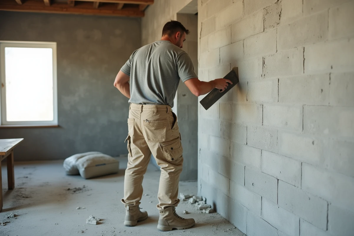 Plâtrier professionnel appliquant un enduit lisse sur un mur en parpaing intérieur lors d'une rénovation