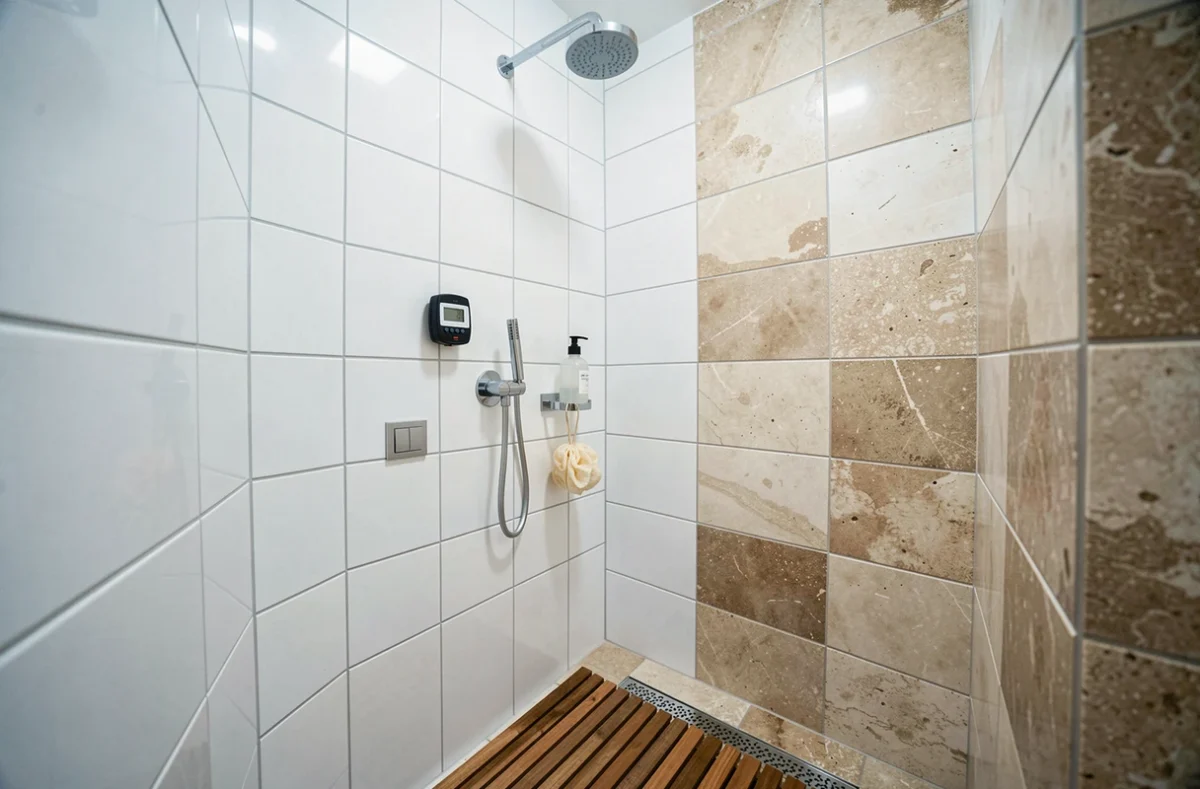 Pomme de douche économe en eau installée dans une salle de bain minimaliste avec accessoires écologiques