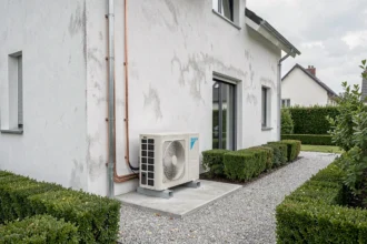 Pompe à chaleur Daikin installée sur la façade extérieure d'une maison individuelle moderne