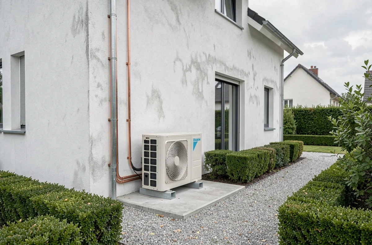Pompe à chaleur Daikin installée sur la façade extérieure d'une maison individuelle moderne