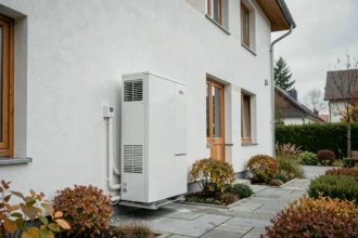 Pompe à chaleur air-air installée sur la façade extérieure d'une maison contemporaine avec jardin en automne