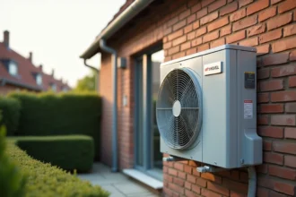 Pompe à chaleur air-air installée sur façade extérieure d'une maison résidentielle européenne