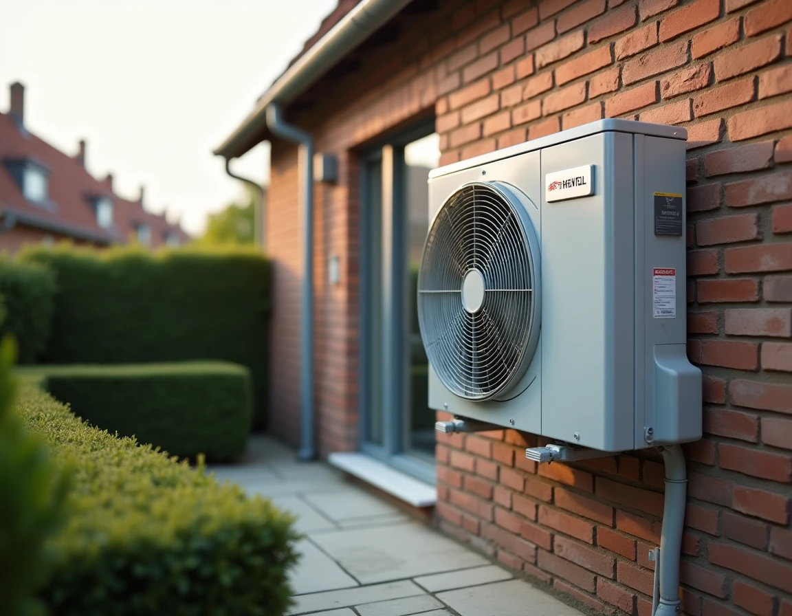 Pompe à chaleur air-air installée sur façade extérieure d'une maison résidentielle européenne