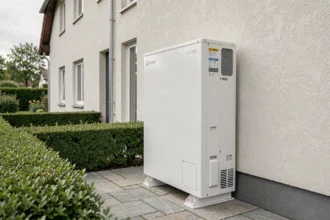 Pompe à chaleur Hitachi installée sur la façade extérieure d'une maison moderne avec jardin