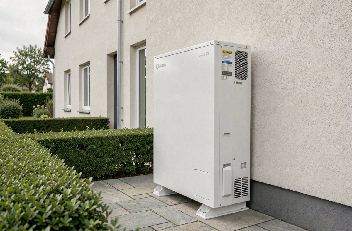 Pompe à chaleur Hitachi installée sur la façade extérieure d'une maison moderne avec jardin