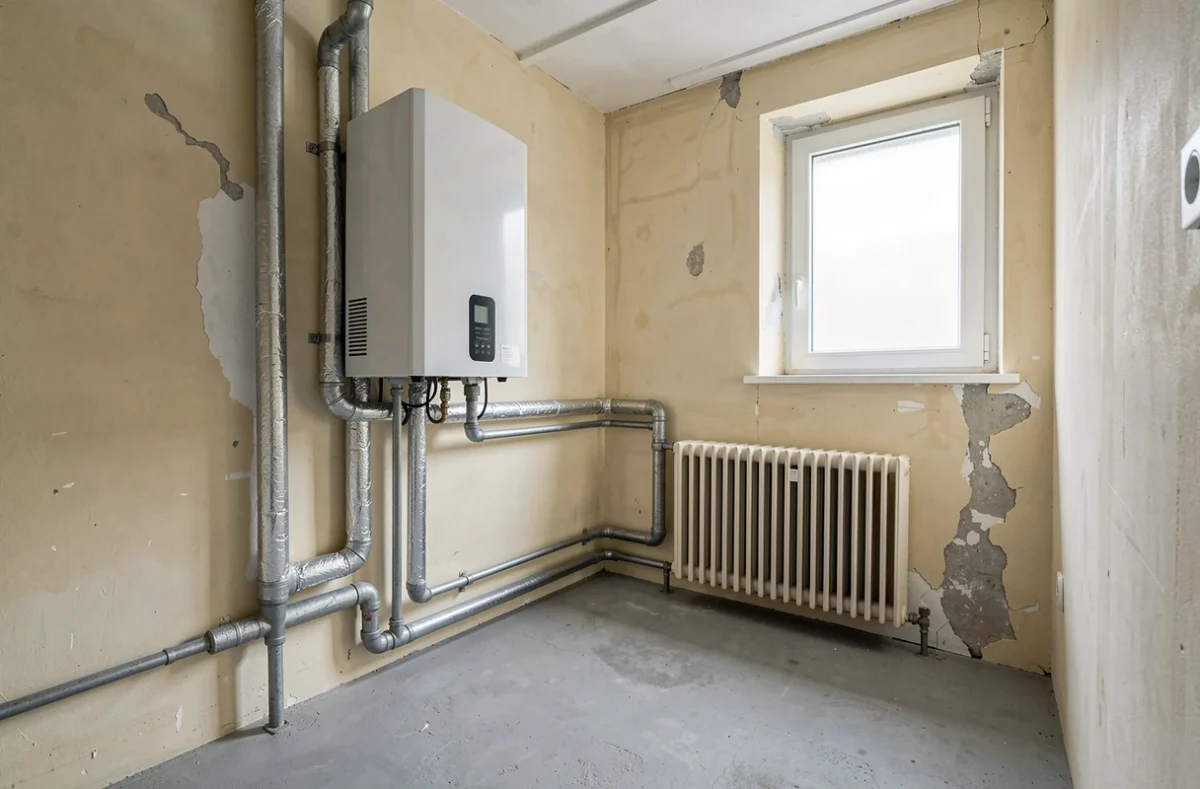 Pompe à chaleur haute température connectée à des radiateurs anciens dans une chaufferie d'appartement rénové