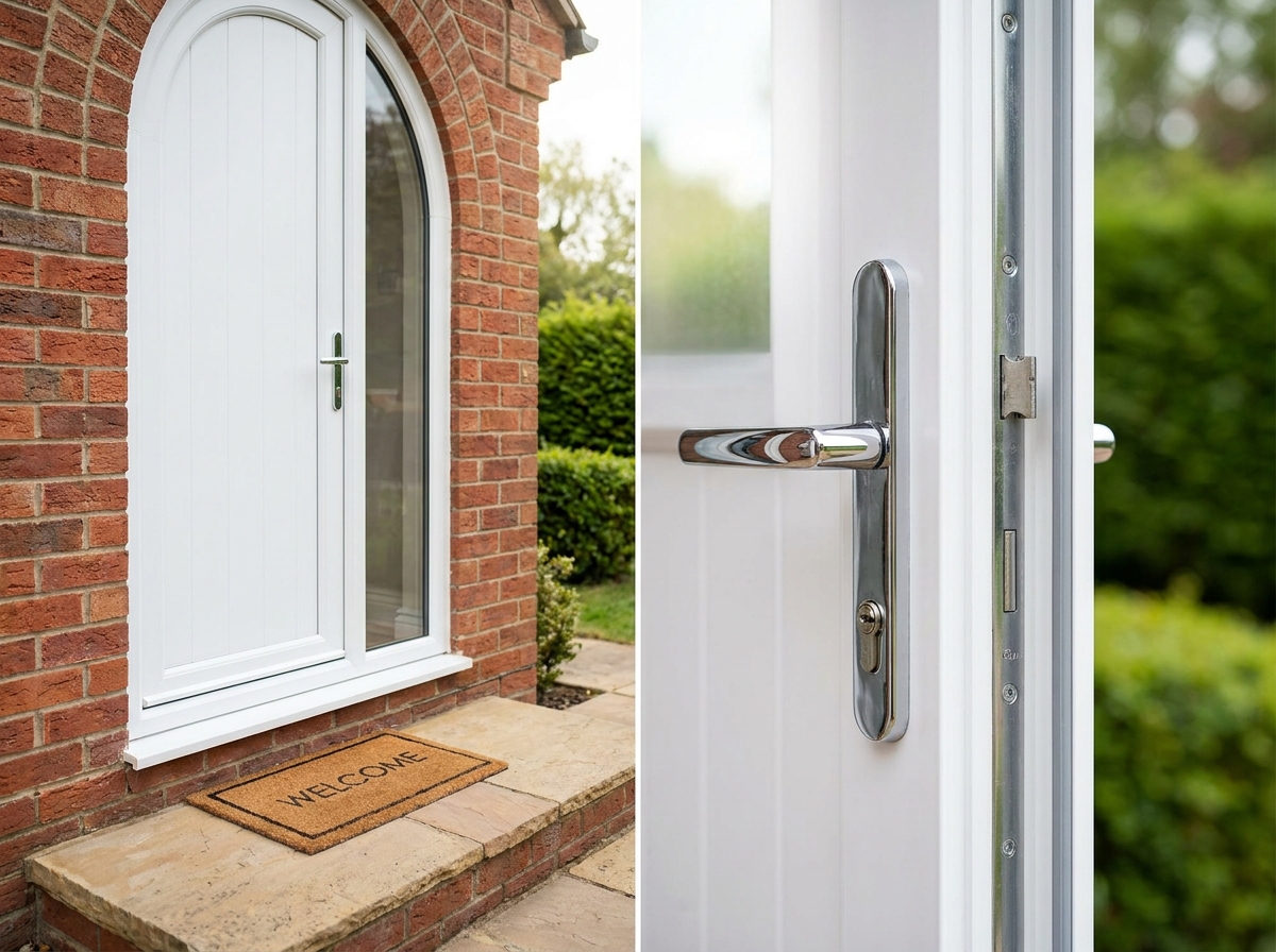 Porte d'entrée en PVC blanc installée sur une maison en briques rouges
