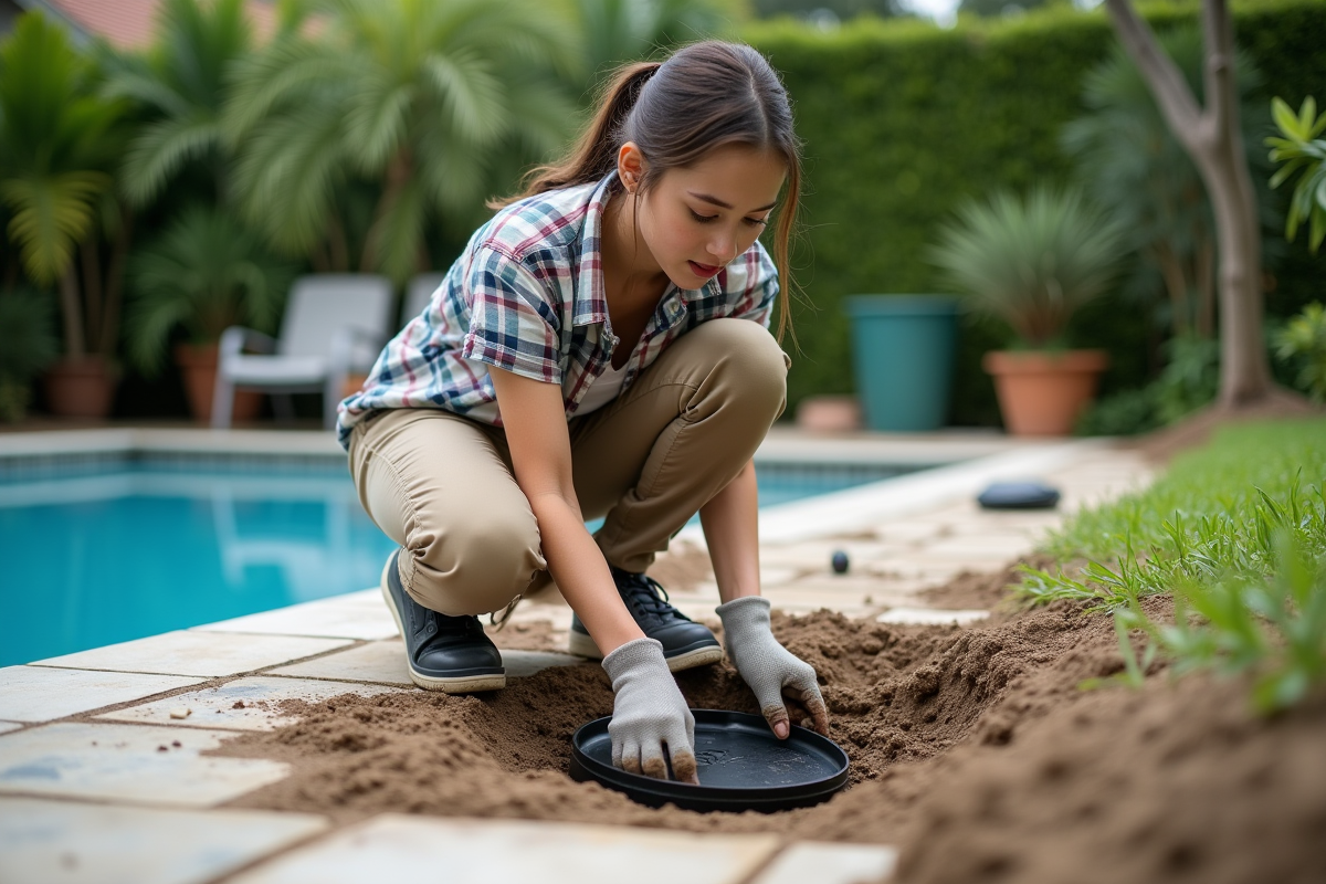 Femme installant une couverture sur un tuyau dans le jardin