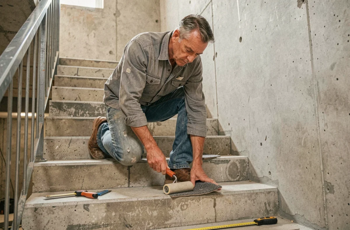 Homme posant une moquette sur des marches d'escalier en béton lors de travaux de rénovation