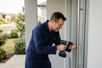 Menuisier installant une porte d'entrée en aluminium sur une maison moderne