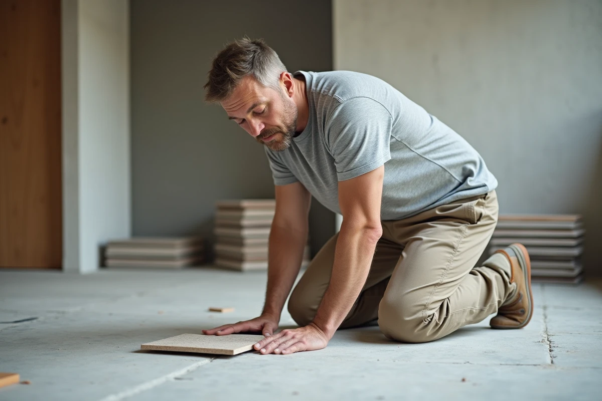 Hommes posant un carrelage dans une pièce en rénovation