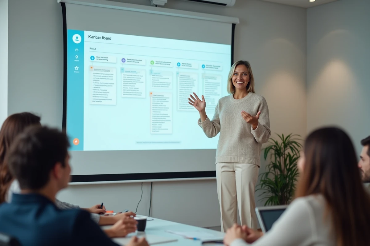 Chef de projet présentant un tableau Kanban à l
