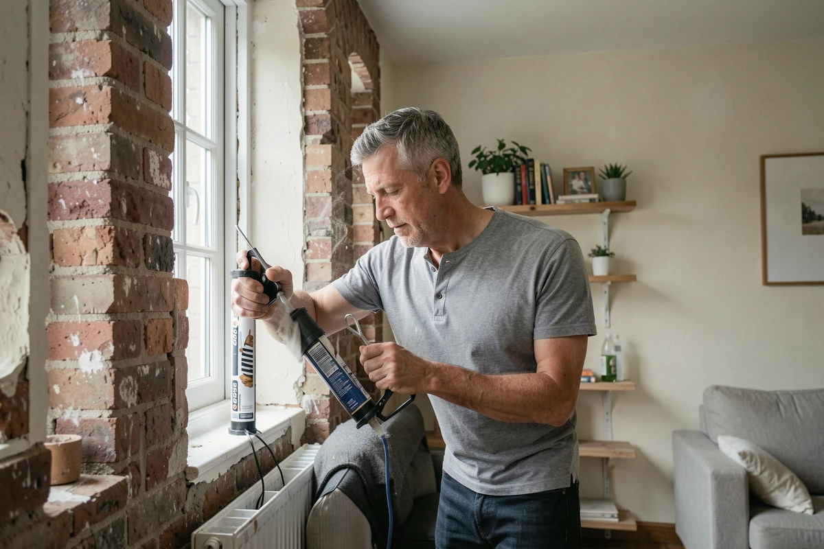 Homme colmatant les fissures autour d'une fenêtre pour prévenir l'intrusion des nuisibles dans la maison