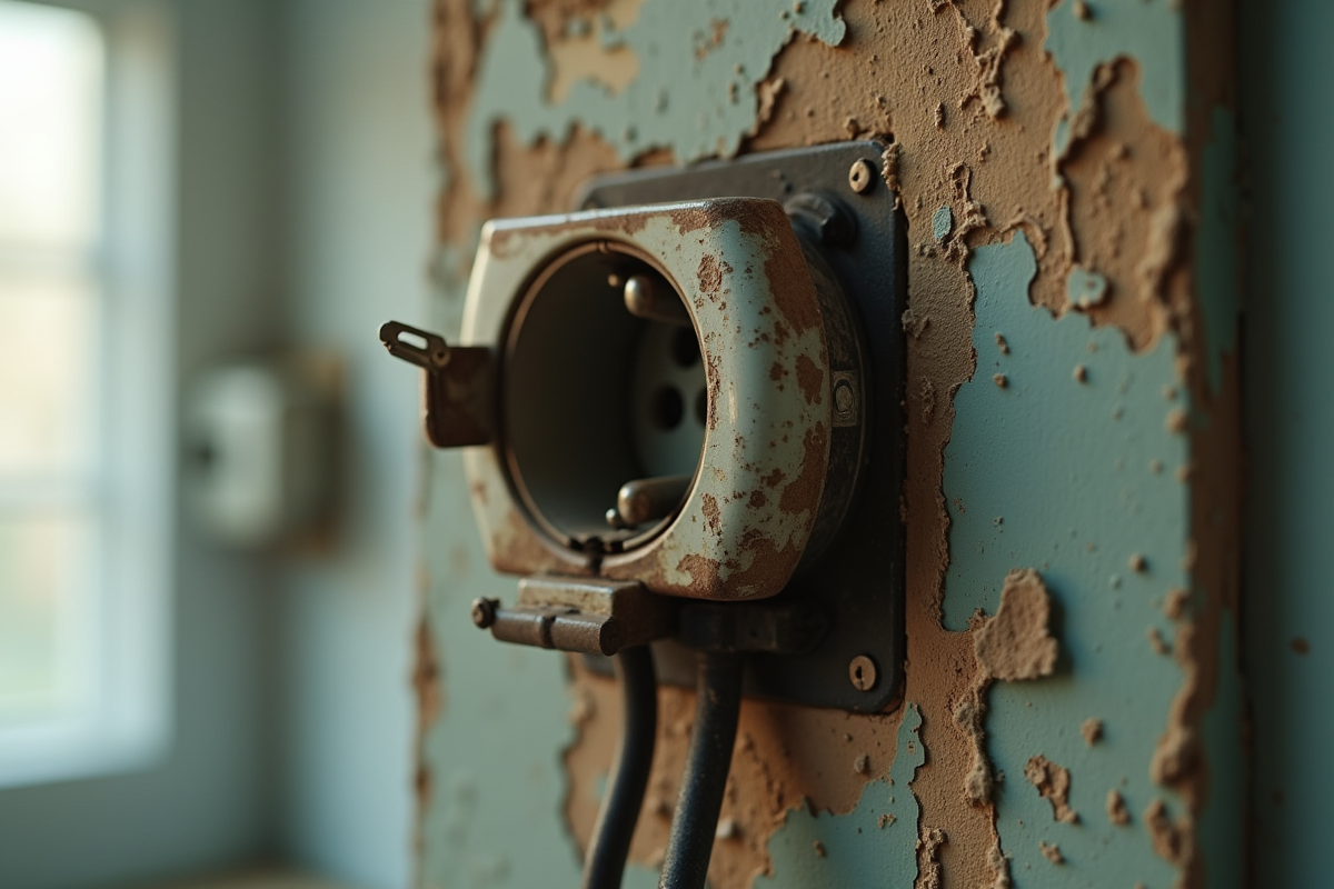Prise électrique ancienne avec fils usés dans une pièce lumineuse