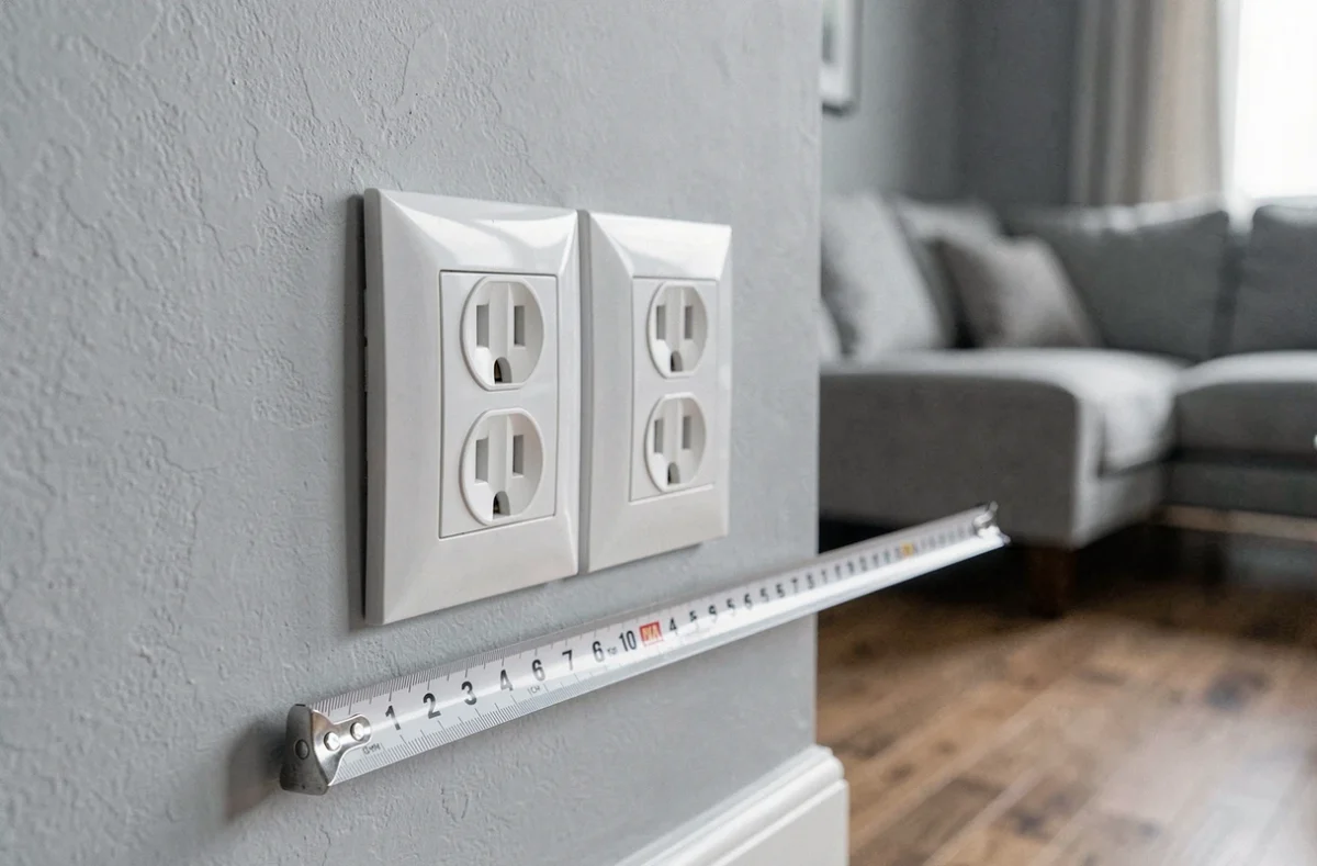 Prises électriques murales blanches installées à hauteur standard dans un salon contemporain avec mètre ruban
