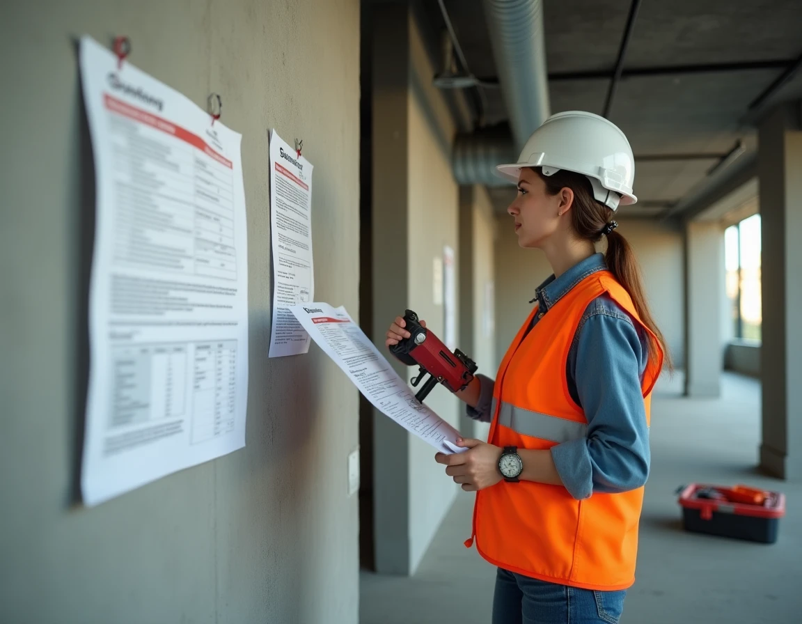 Professionnelle du bâtiment consultant une fiche technique de scellement chimique devant un mur en parpaing creux