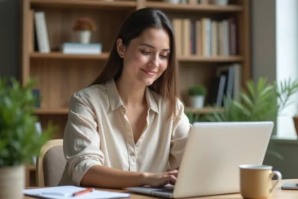 Professionnelle Wecassa travaillant depuis son bureau à domicile sur son ordinateur portable
