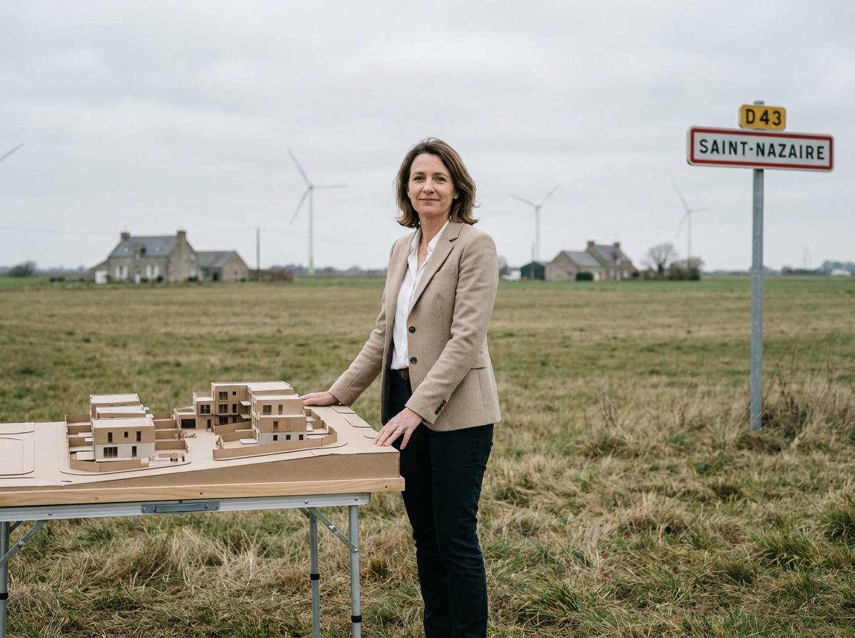 Architecte ou promotrice immobilière présentant un projet de lotissement résidentiel dans la campagne autour de Nantes en Loire-Atlantique