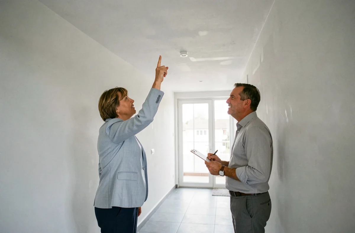 Propriétaire montrant le plafond réparé à un agent immobilier lors d'une visite d'appartement avant la mise en vente
