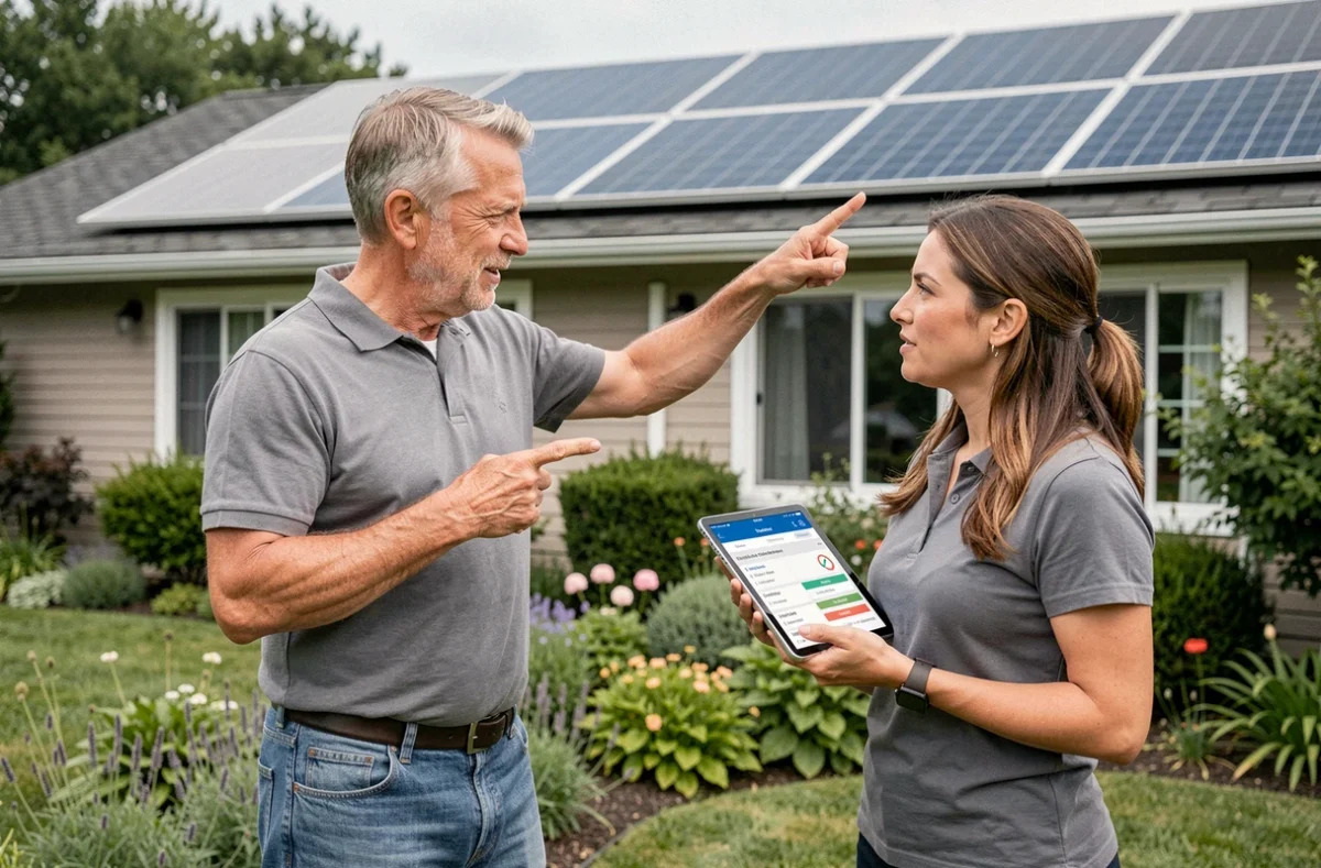 Propriétaire et conseillère en énergie discutant de la conformité réglementaire d'une installation de panneaux solaires en maison individuelle