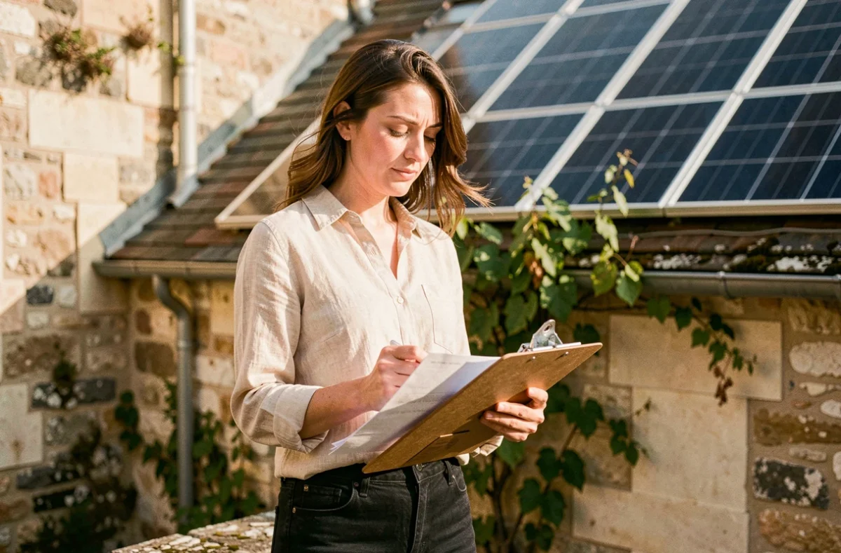 Propriétaire bordelaise consultant les devis pour l'installation de panneaux solaires