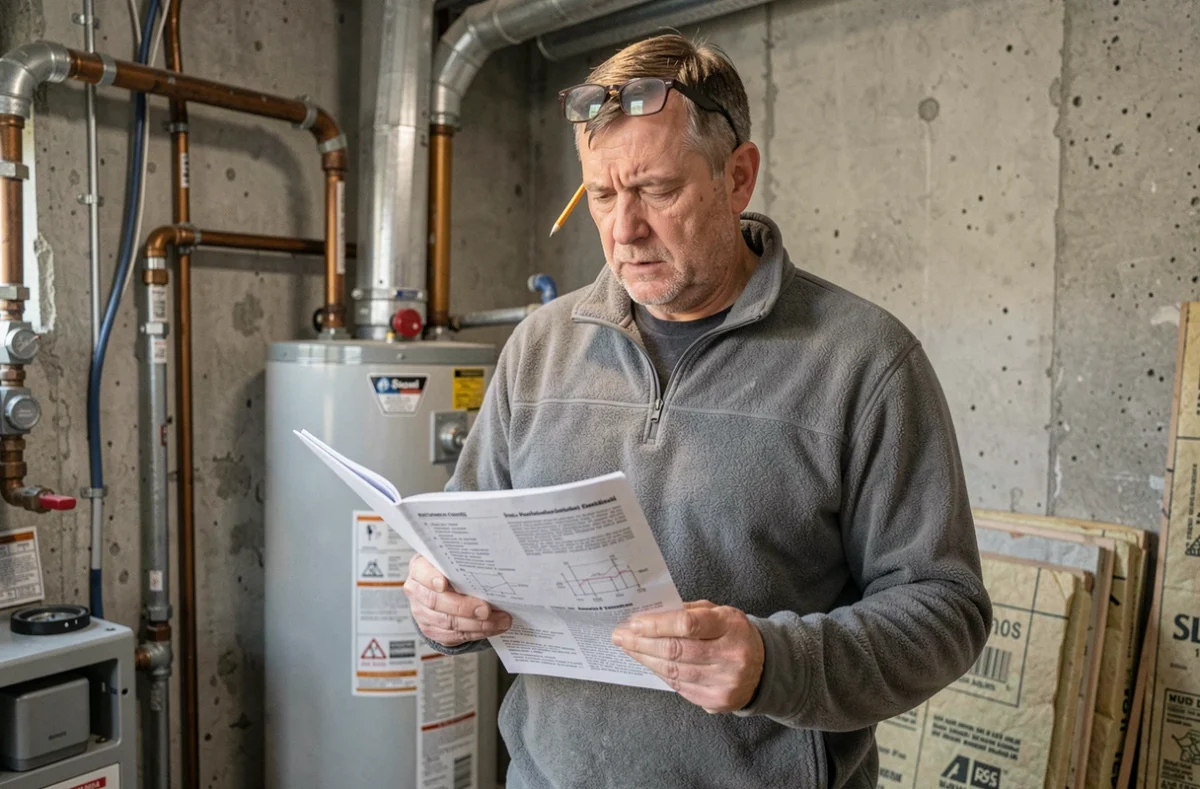 Propriétaire étudiant un guide d'installation de pompe à chaleur dans sa chaufferie avant de débuter les travaux de rénovation