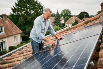 Propriétaire inspectant des panneaux solaires installés sur le toit de sa maison de 80 m2