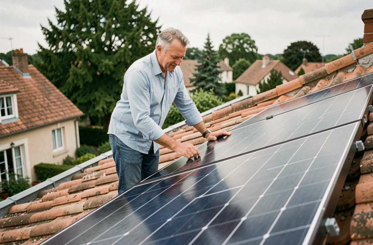 Propriétaire inspectant des panneaux solaires installés sur le toit de sa maison de 80 m2