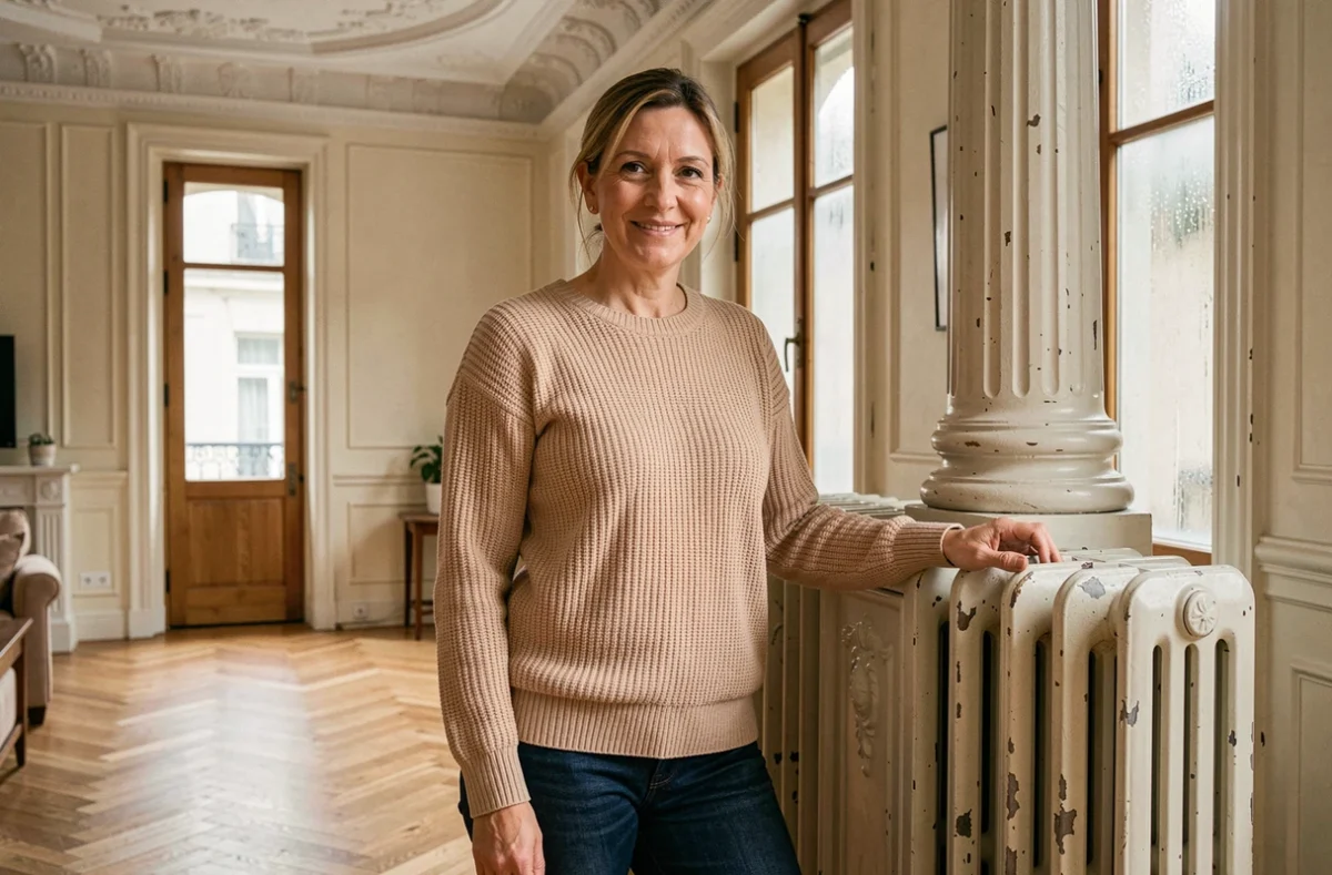 Propriétaire satisfaite dans un appartement haussmannien chauffé par une pompe à chaleur haute température via des radiateurs existants