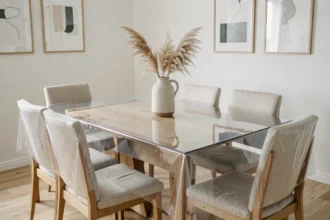 Table à manger moderne recouverte d'une protection plastique transparente dans un intérieur scandinave élégant