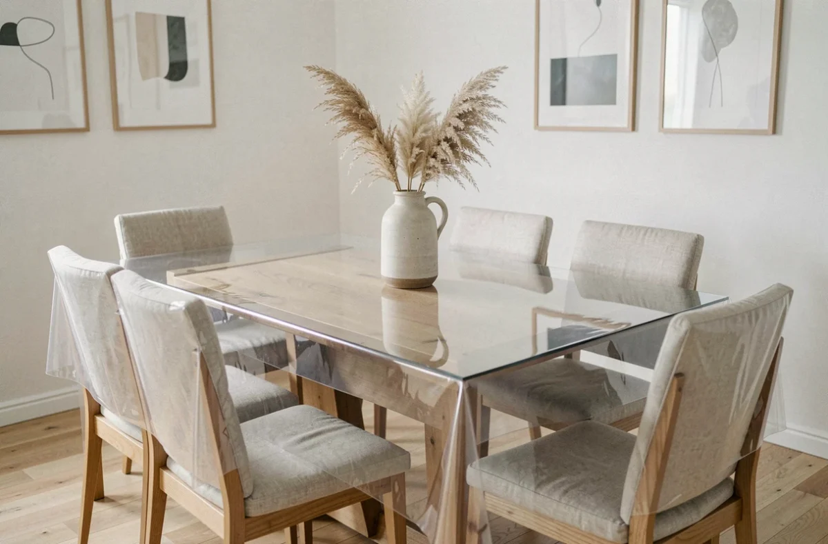 Table à manger moderne recouverte d'une protection plastique transparente dans un intérieur scandinave élégant