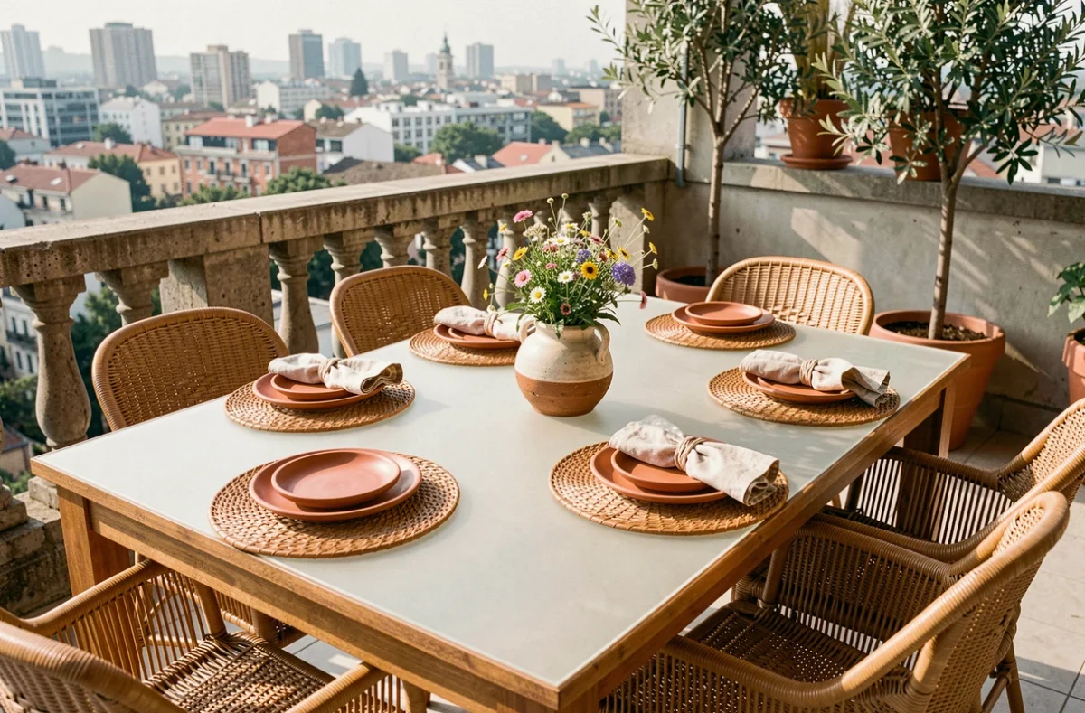 Table de terrasse extérieure avec protection plastique dépoli stylisée dans une décoration estivale moderne et élégante