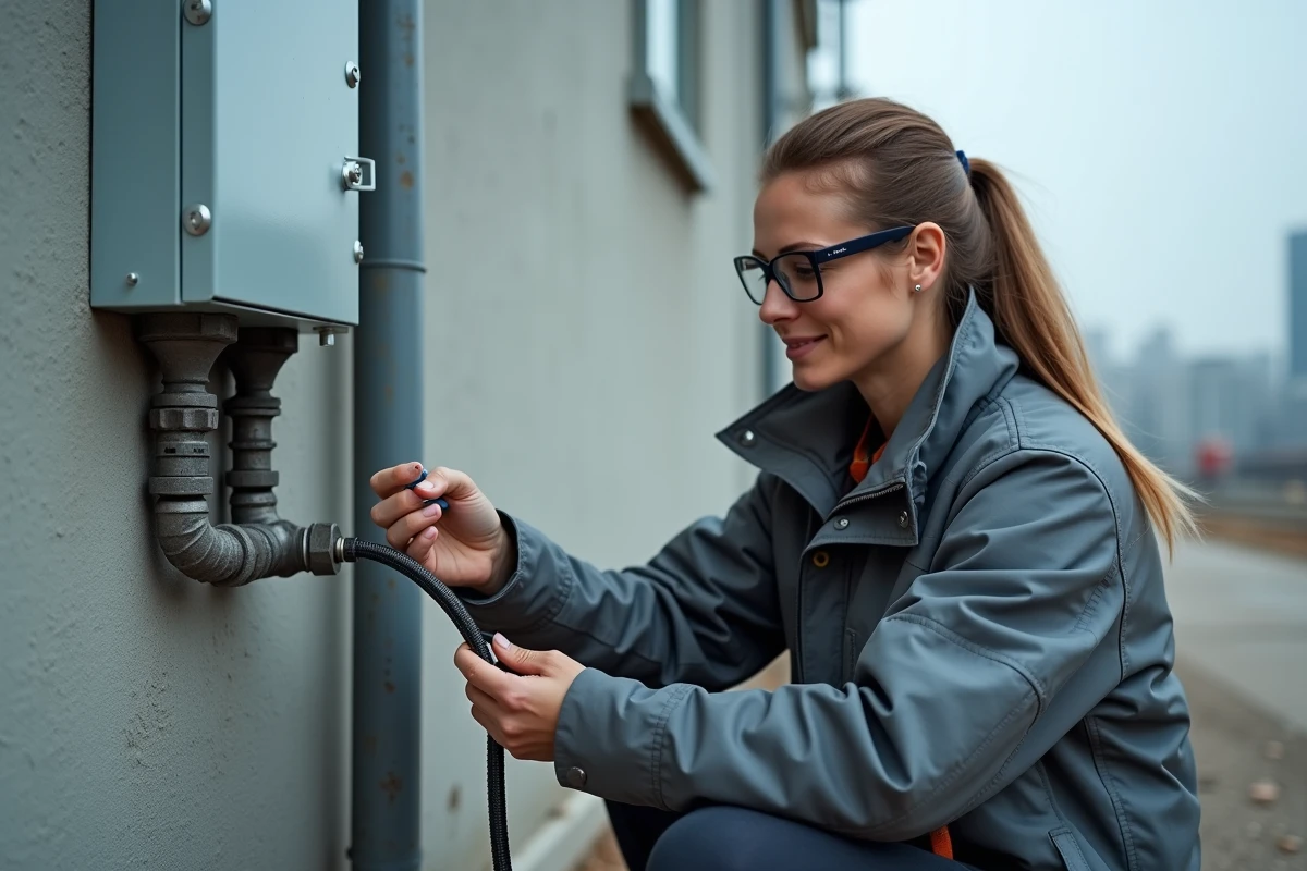 Technicienne effectuant la pose d'un raccord étanche sur câble souple armé dans un environnement industriel extérieur