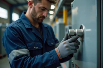 Électricien installant un raccord étanche sur un boîtier électrique métallique en atelier industriel
