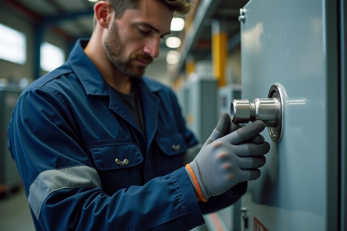 Électricien installant un raccord étanche sur un boîtier électrique métallique en atelier industriel
